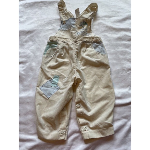 Vintage White Lightweight Cotton Patchwork Wagon Overalls One Piece Button 12 mo - Picture 6 of 11